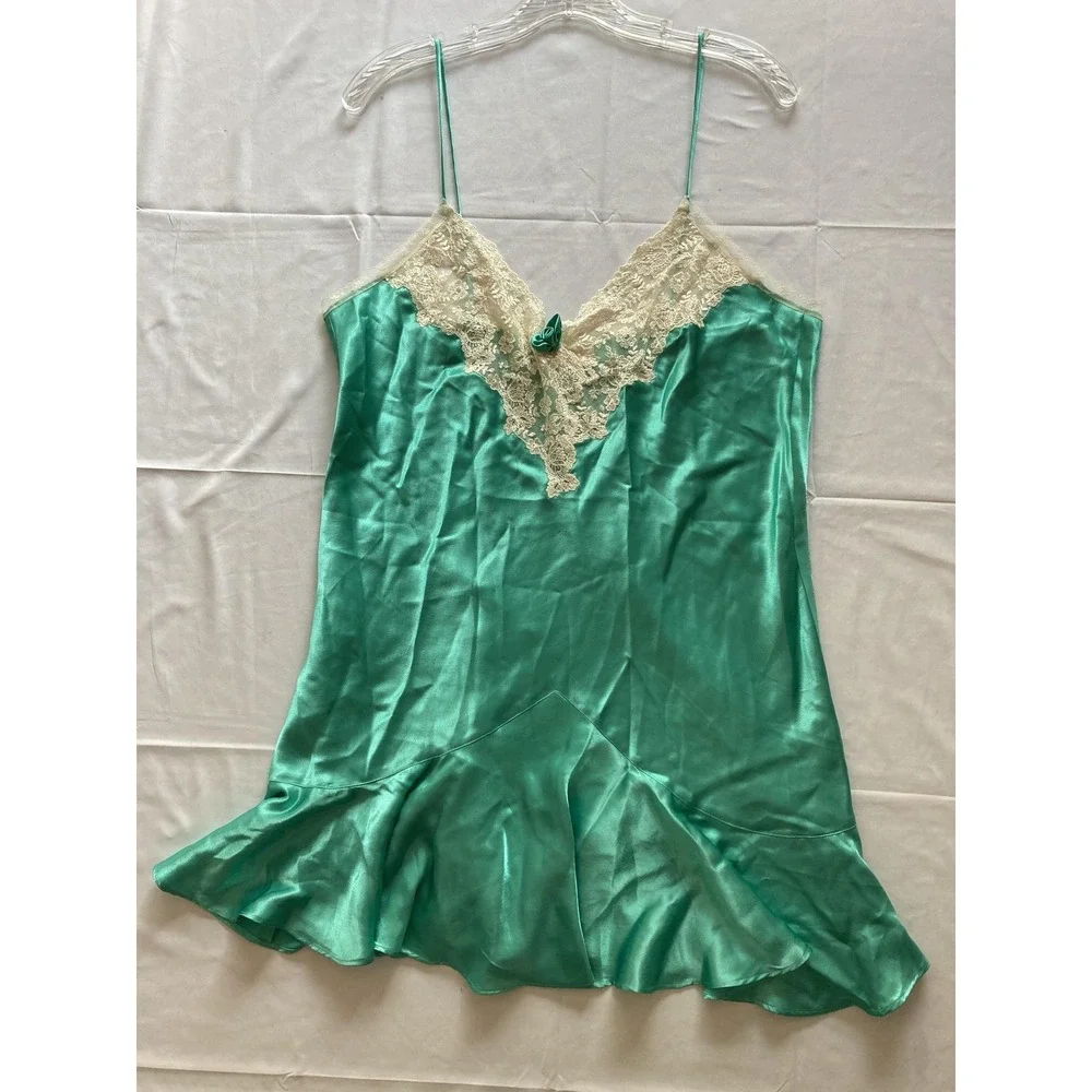 Vtg Victorias Secret Nightie Women L Satin Lace Gold Label Ruffle Hem Babydoll